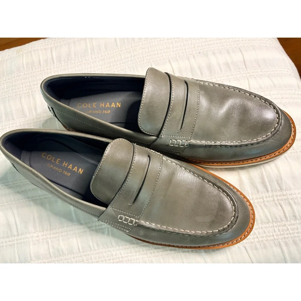 Cole Haan Grand 360 Mens Penny Loafers Olive Gray Leather C33703 Wedge Sole 10M